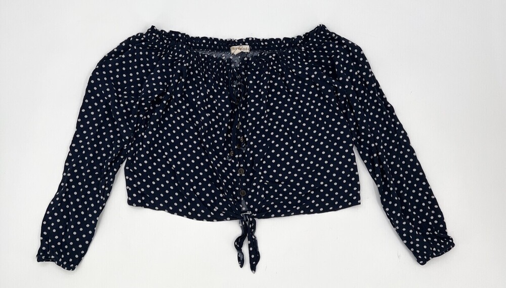 Rewind Shirt Womens XS Extra Small Blue Polka dot Blouse Round Neck Cropped